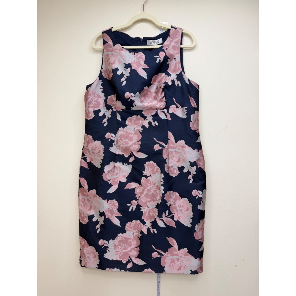 Kasper Floral Sheath Dress Women 12 New Navy Pink Jacquard
